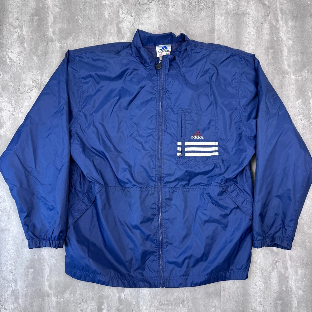 Vintage Adidas Track Jacket Mens XL Blue Logo Windbreaker Full Zip Warm Up